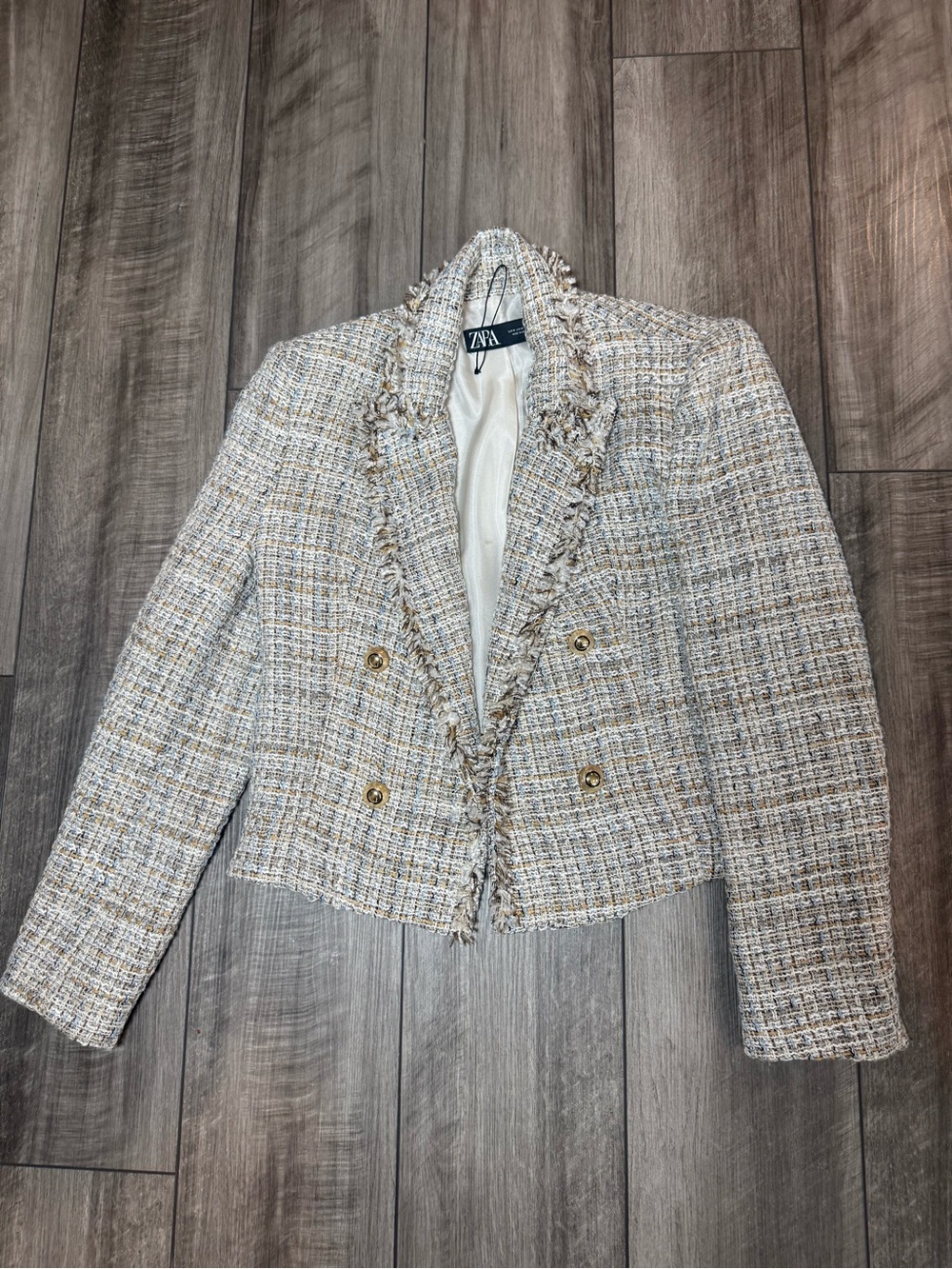 Zara Cream & Tan Tweed Double-Breasted Frayed Blazer